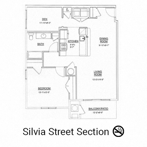 Floor plan for 1 bed, 1 bath, 1058 sqft